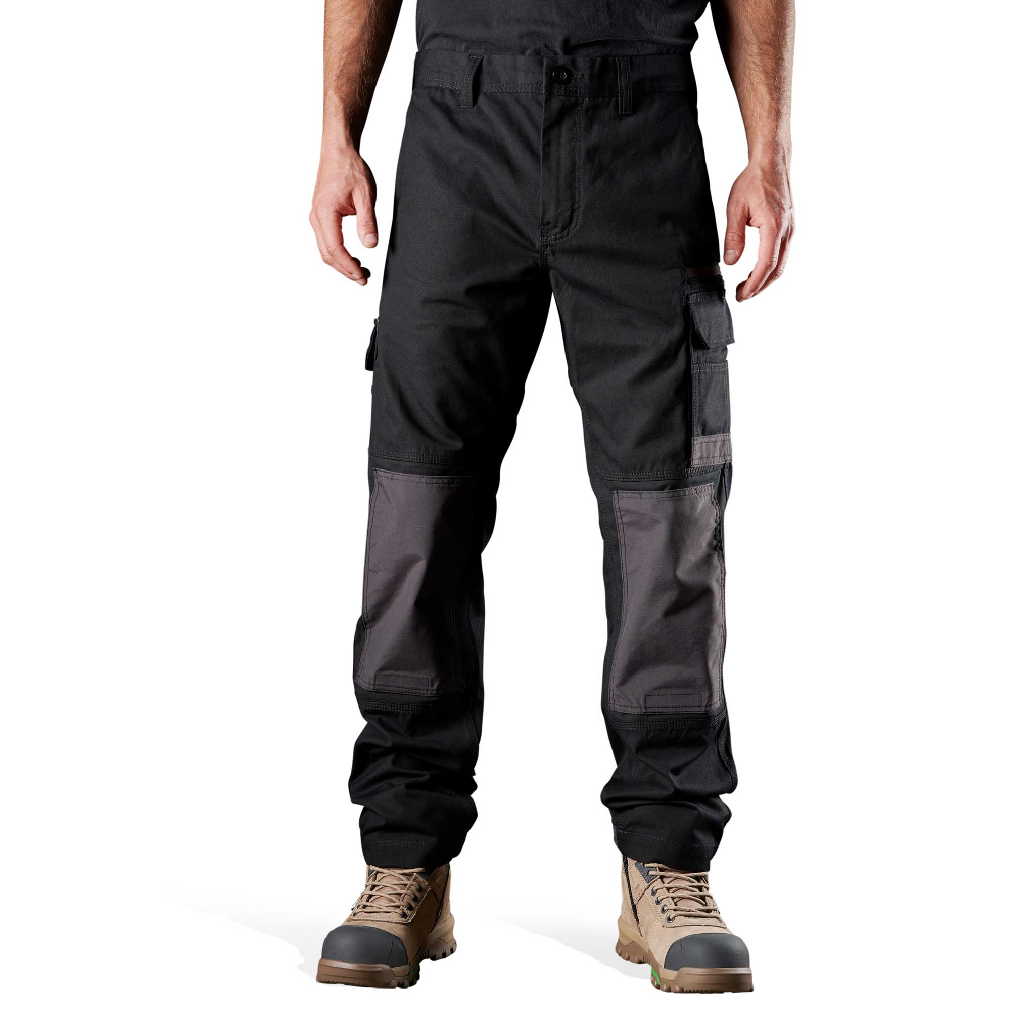 black full length pants with cargo pockets and button waist with belt loops and knee patches